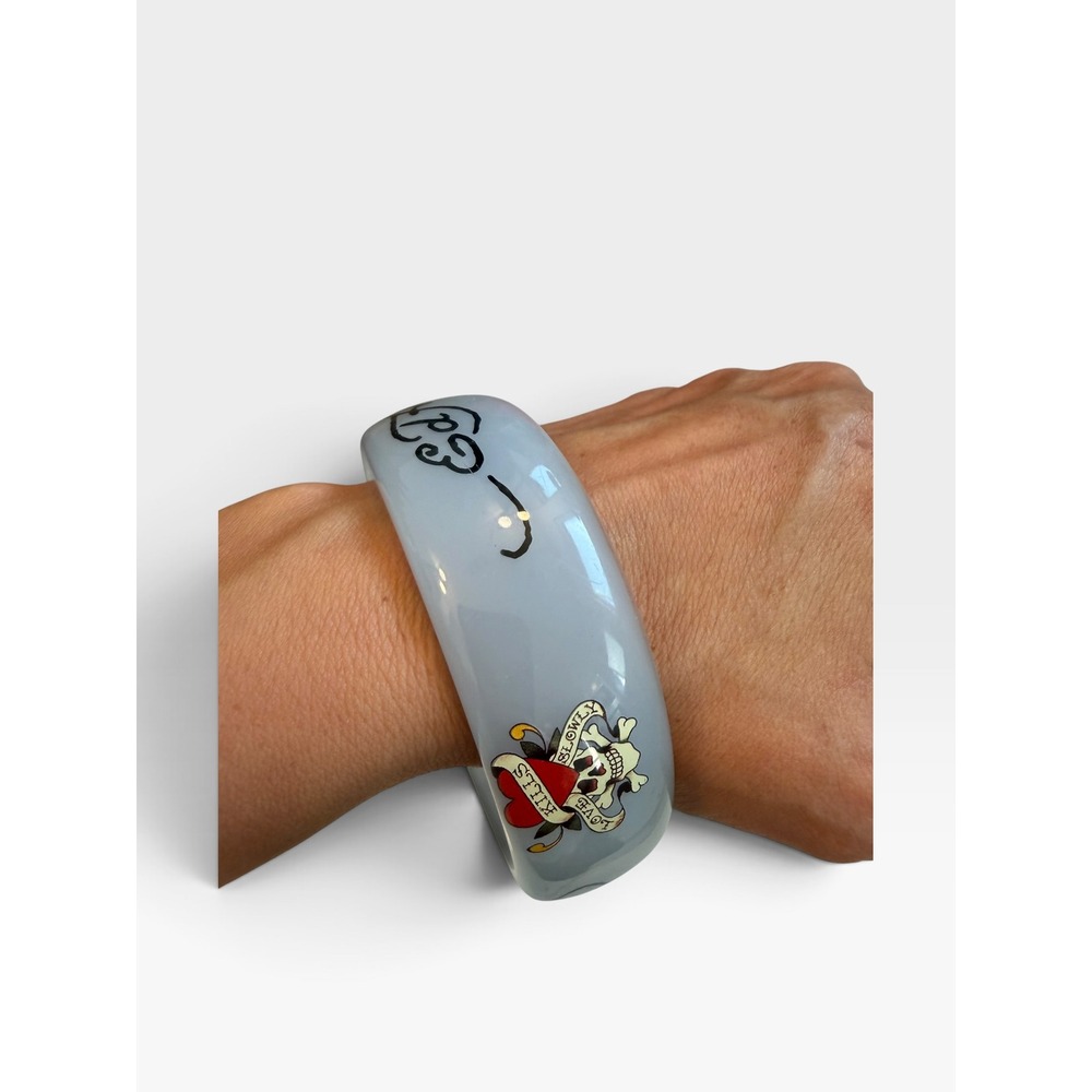 Ed Hardy Vintage Y2K Blue Acrylic Tattoo Bangle Bracelet Tiger Skull Heart